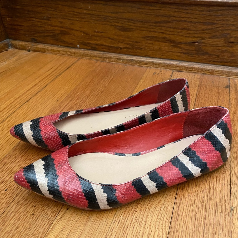 Loeffler Randall Red Black Striped Snakeskin Pointy Flats Designer Luxury